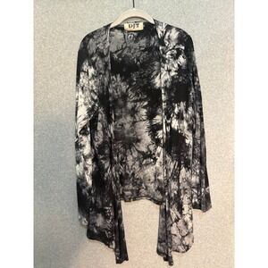 DJT Tie Dye Open‎ Front Cardigan Women's XL Black Gray Duster Boho Soft
